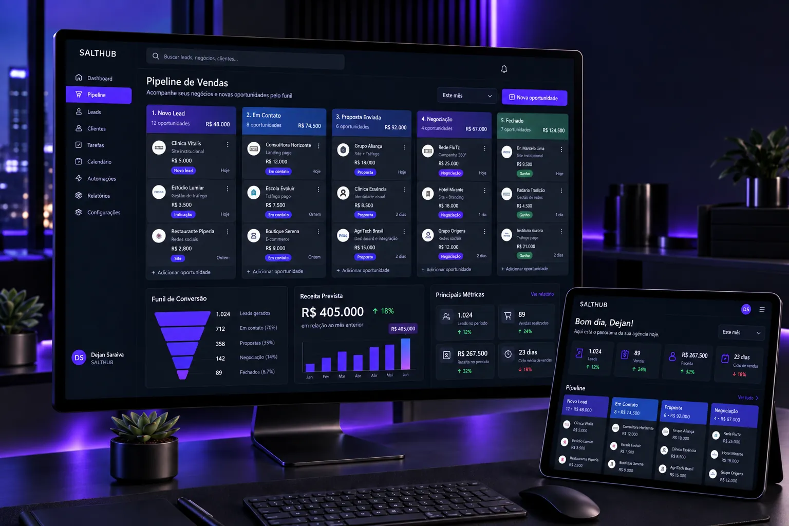 Pipeline de vendas e oportunidades organizado em sistema CRM