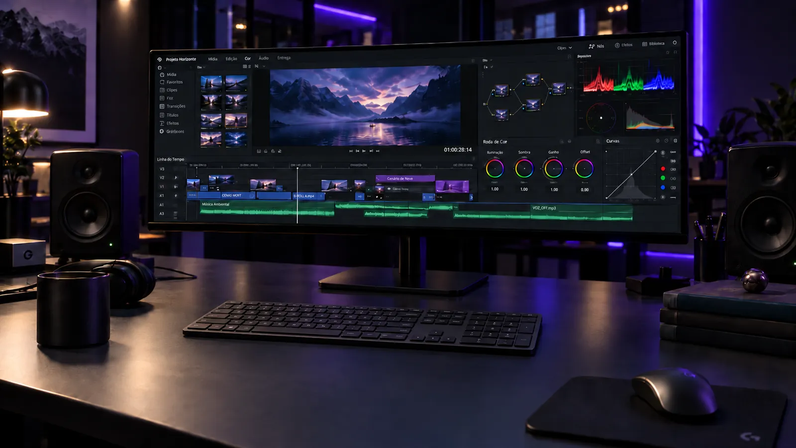 Estação profissional de edição de vídeo e color grading