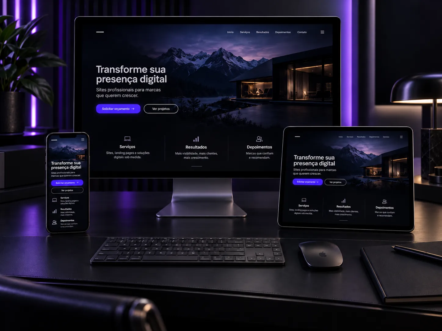 Site e landing page responsivos exibidos em computador, tablet e celular